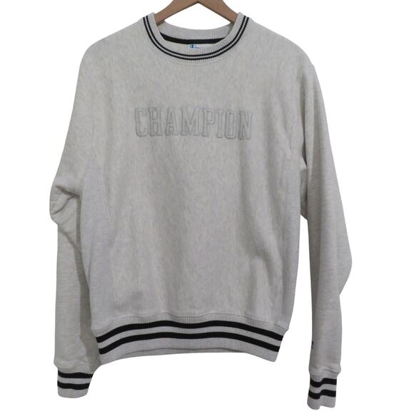Champion Women Sz S Gray Reverse Weave Crewneck Sweatshirt Ribbed Stripes - Picture 1 of 7